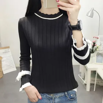 

O-Neck Korean Ladies Knitted Sweater Tops Casual Sweaters Long Trumpet Sleeve Jumper New Fashion Pull Slim Clothes