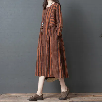 

2019 Spring New Style Retro Loose And Plus-sized WOMEN'S Dress Fashion Comfortable Cotton Linen Crew Neck Long Sleeve Big Hemlin