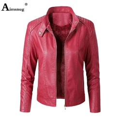 Aimsnug 2021 Autumn Winter Pu Leather Jacket Women Velvet Coats Slimming Outerwear Red Black Faux Leather Jackets Female Clothes