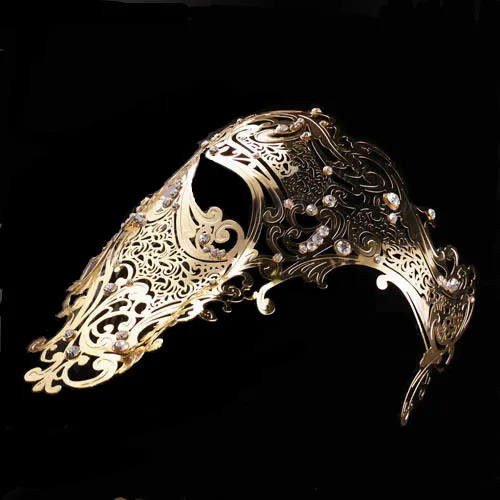 Черная золотая металлическая маска с черепом, стразы на Хэллоуин, венецианская Маскарадная маска на половину лица для мужчин и женщин, филигранные Вечерние Маски с черепом