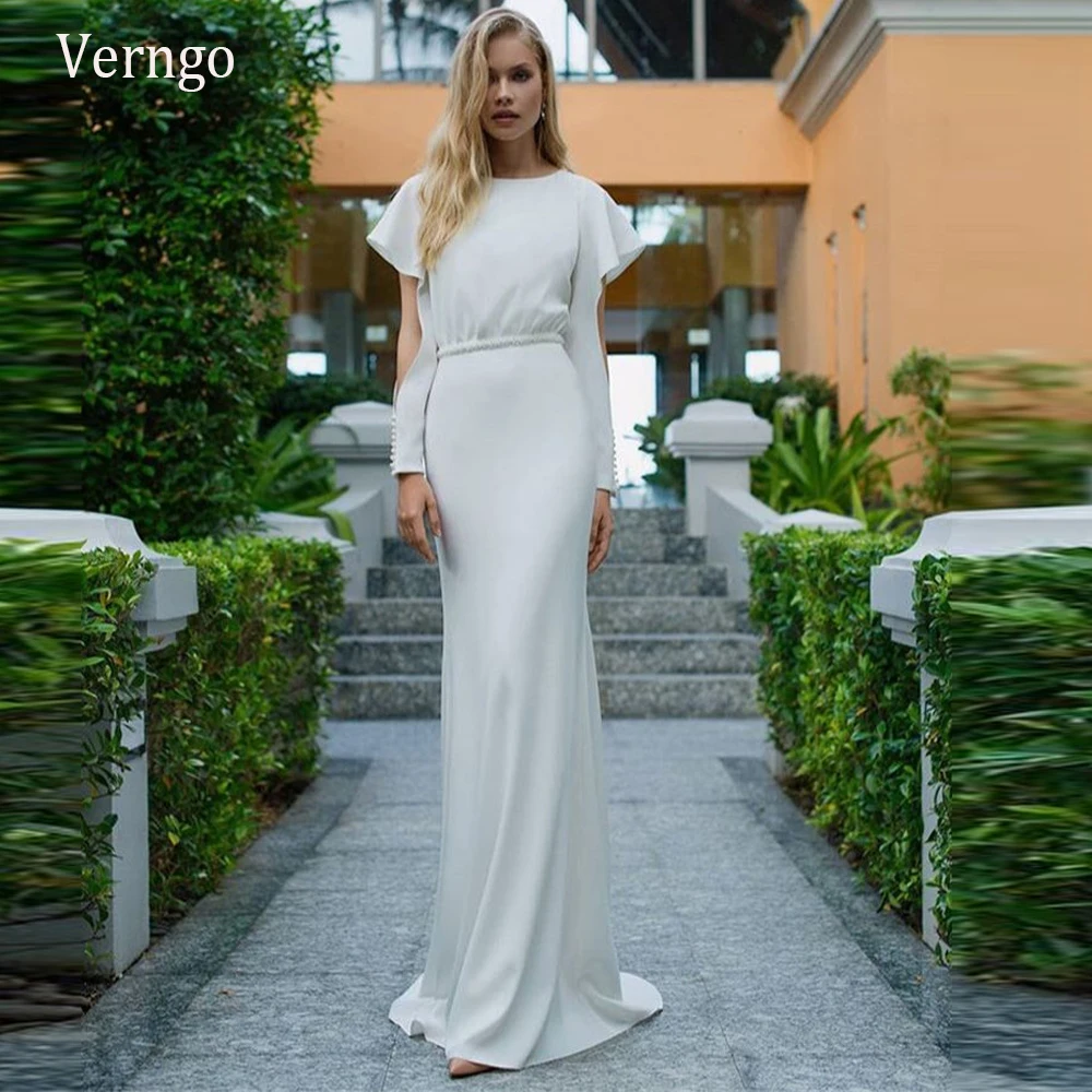 

Verngo Simple Elegant White Wedding Dress Cut-out Long Sleeves Tassel Pearls Formal Party Gowns Custom New 2021 Bridal Dress
