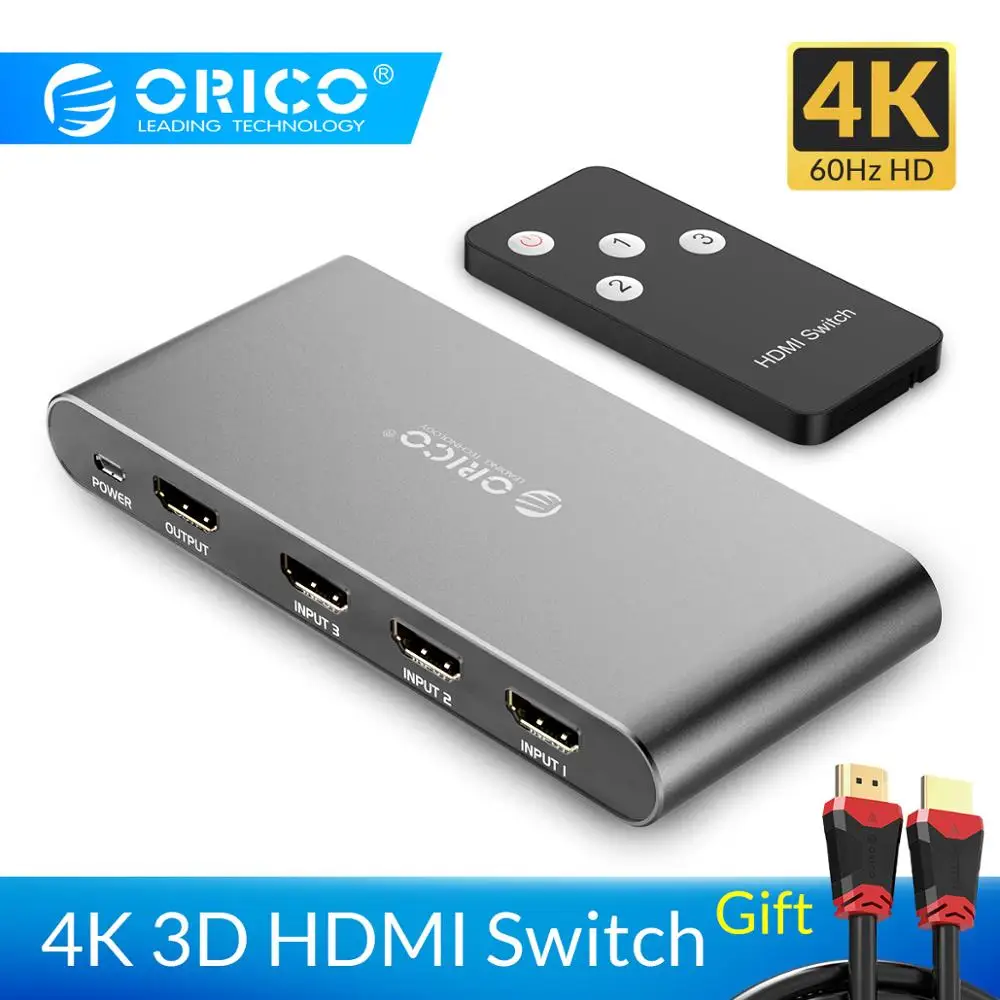 ORICO HDMI переключатель разветвитель 4K 60Hz HDMI2.0 коммутатор 3 входа 1 выход HDMI разветвитель для ПК ноутбука xbox 360 PS3 PS4 ТВ проектор - Цвет: Gray