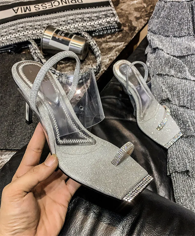 Fashion Rhinestone PVC Transparent Shoes Stilettos High Heels Sandals Women Sexy Party Silver Party Wedding Shoes Ladies Sandals (2)