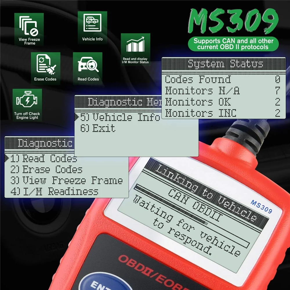 

MS309 Code Reader Scanner for OBD2 Vehicles Work For US Asian European Car Diagnostic Scan tool Read Erase Engine Fault codes