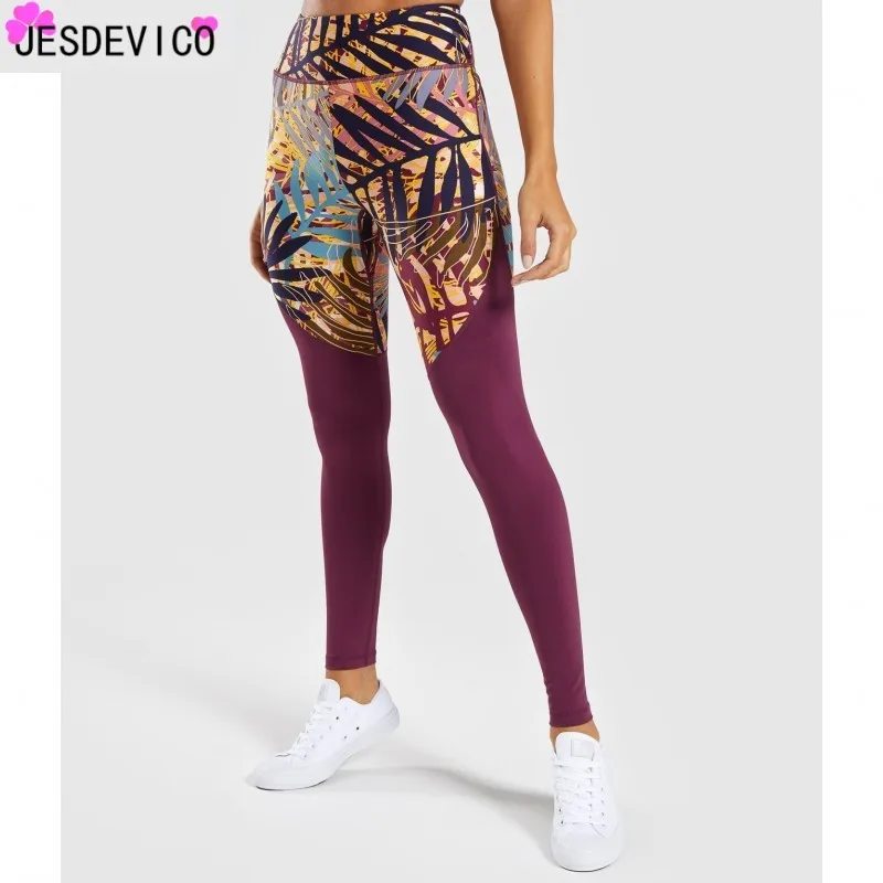 

JESDEVICO Half-length printing Leaves Fitness Legging Breathable Sexy Fashion Print Leggings Polyester High Waist Women Legging