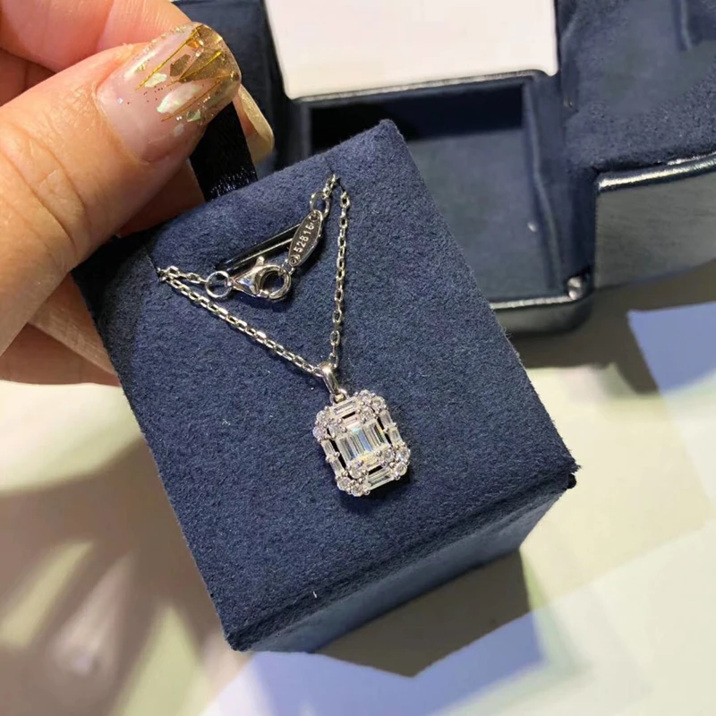 Fashion Solid 925 Sterling Silver Square Diamond Charm Necklace AAA Zircon Chain Blingbling Jewelry for Women Wedding | Украшения и
