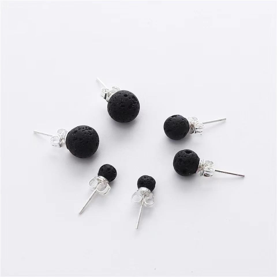 Natural Stone Stud Earrings for Women Volcanic Pure Silver Black Piercing серьги дешево за 1 грн Essential Oil Jewelry |