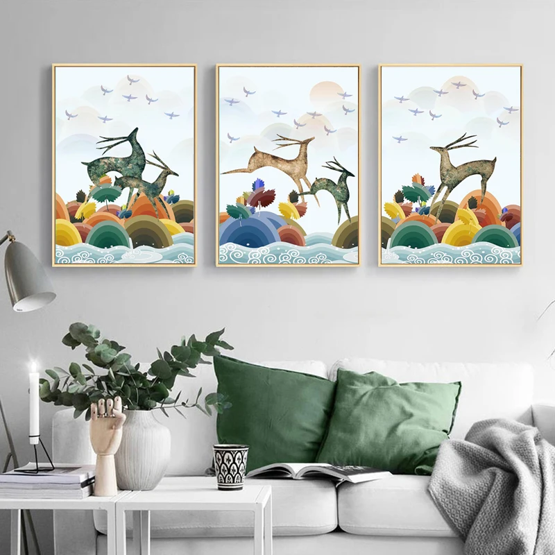 

Canvas Painting Poster Art Wall Pictures for Living Room Colorful Elk Animal Print Anime Nordic Scandinavian Home Decor Modern