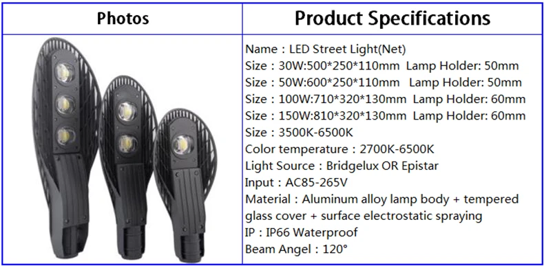 30W 50w 100w 150w led Кобра верхний уличный фонарь IP66 открытый светодиодный уличный фонарь AC85-265V светодиодные светильники для наружного освещения