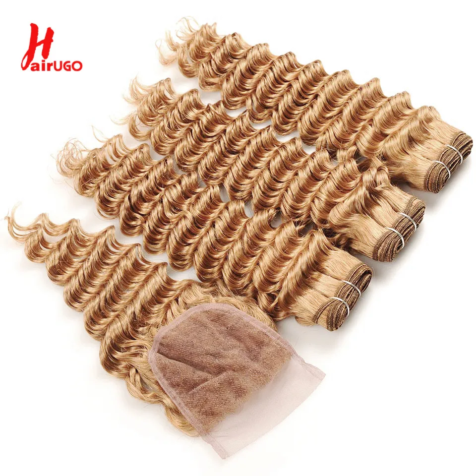 Honey Blonde 4x4 Lace Closure With Bundles #27 Deep Wave Human Hair Bundles With Closure T1B/27 Pre-Colored Hair Weave HairUGo
