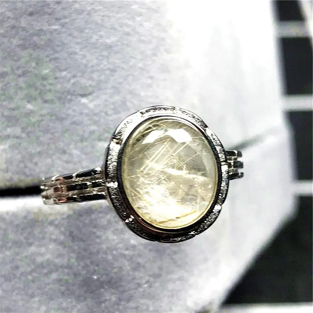 

100% Natural Gold Rutilated Ring For Woman Man Clear Quartz Crystal 10mm Round Beads Silver Stone Adjustable Ring Jewelry AAAAA