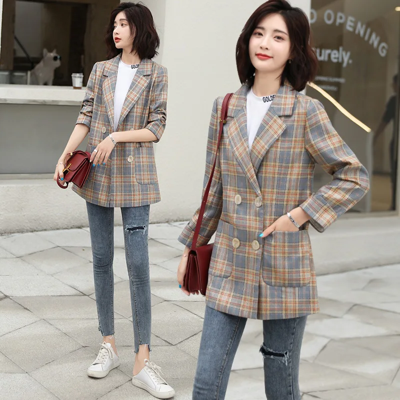 

Medium-length Plaid Suit Jacket Women's Korean-style Fashion Slim Fit Long Sleeve Small Coat 2019 Autumn New Style WOMEN'S Dress