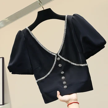 

Crop Top for Women Short V-neck Off-Belly Short Sleeve Chiffon Shirt Women's Sumemr Blouse All-match Shirts Blouses Blusas