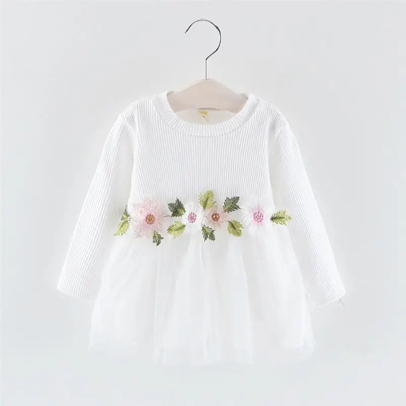 2020 New Baby Girls Dress Sweater Knitting Princess Mesh Floral Cute Dress Long Sleeve Baby Girls Autumn Outfit White Pink Grey