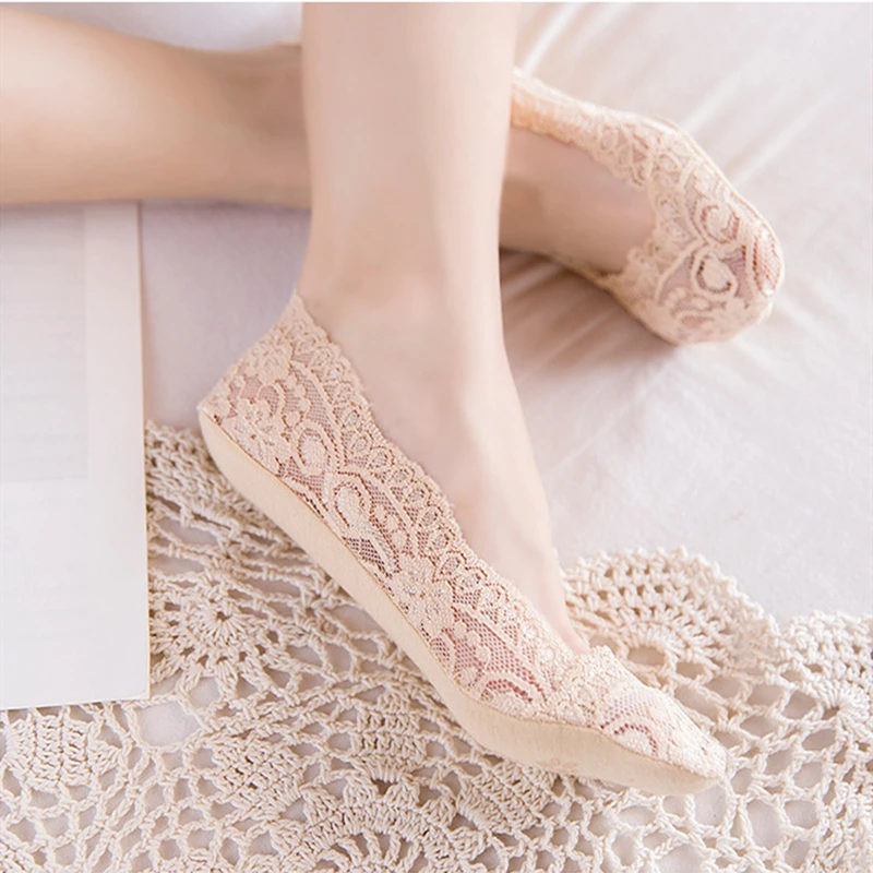 

New Arrival Summer Women Silica Gel Lace Boat Socks Invisible Cotton Sole Non-slip Antiskid Slippers Anti-Slip Sock 1pair=2pcs