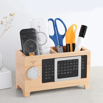 

With Calendar Ornaments Desk Organizer Gift Table Practical Container Pen Pencil Holder Two Grids Wooden Storage Box Rectangular