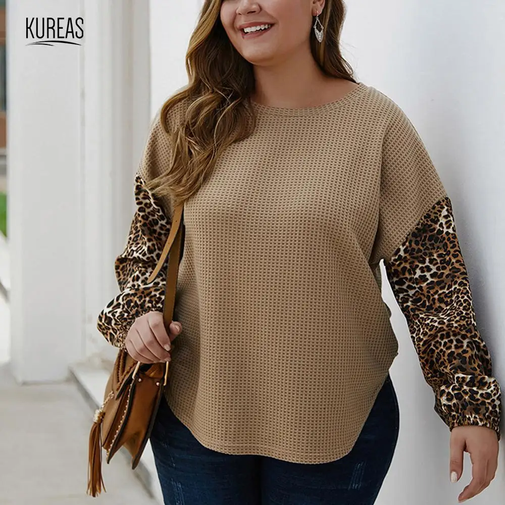 

Kureas Women Knitted Sweater Plus Size Woven Leopard Print Patchwork Lantern Sleeve Baggy Pullover Tops Winter Autumn Casual 4XL