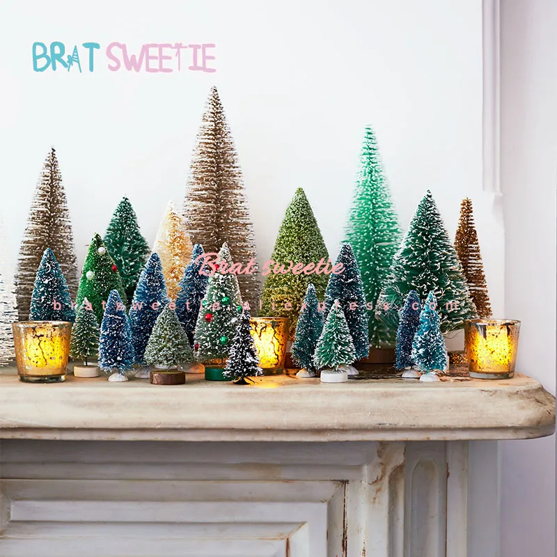 

Small DIY Christmas Tree Fake Pine Tree Mini Sisal Bottle Brush Tree Santa Snow Frost Village House Christmas Decor