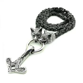 

Men Stainless Steel Wolf Head Chain with Nordic Viking Odin Crow Hammer Pendant Necklace Viking Black King Chain