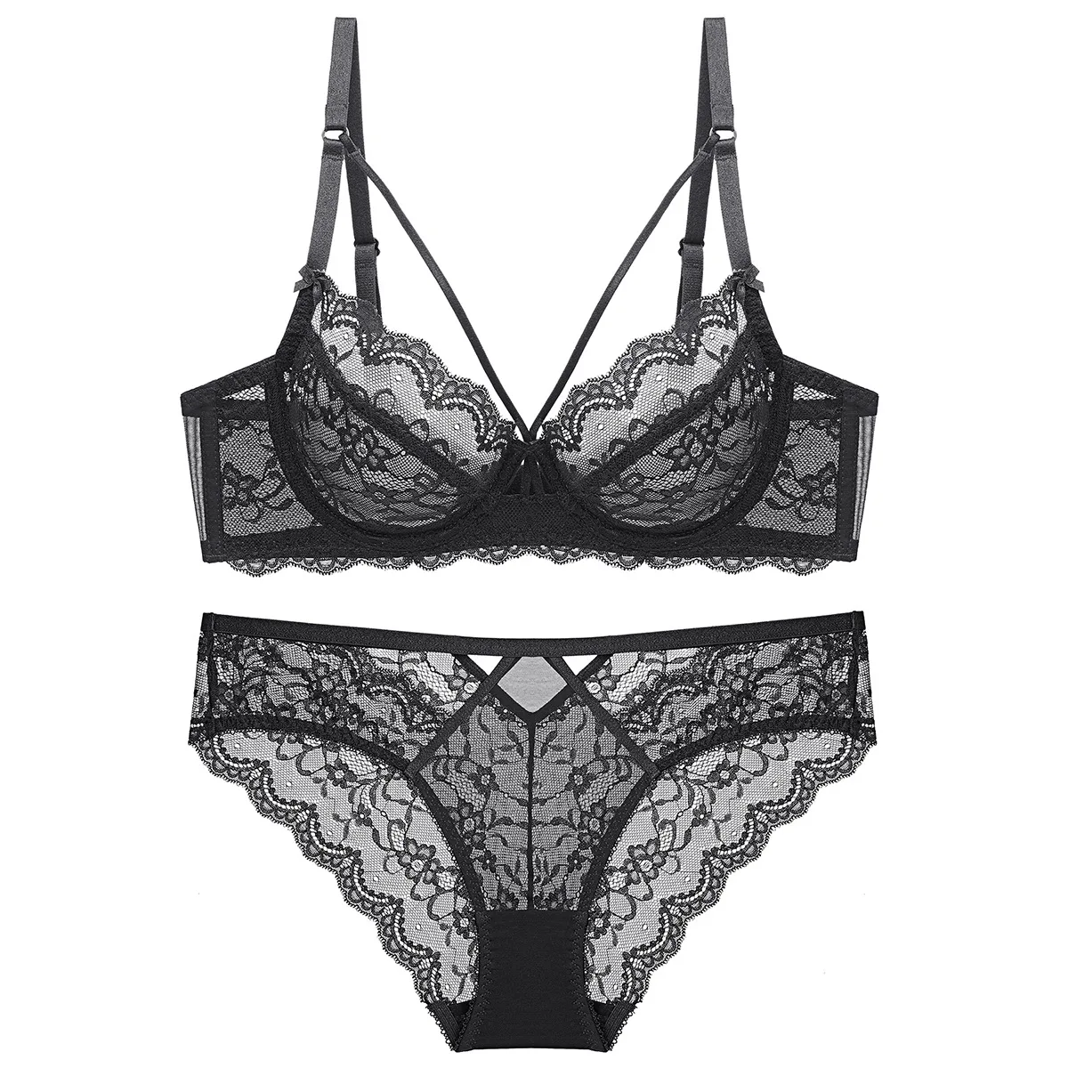 

2020 Sexy Lace Ultra-Thin Underwear Women Breathable Plus Size Bra Set Push Up Three Quarters(3/4 Cup) Adjusted-Straps Pink