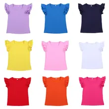 Простые милые рубашки с рюшами на рукавах для девочек; Летние футболки с короткими рукавами-крылышками; одежда для детей; топы для девочек 2 лет