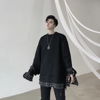 

Men Autumn Winter Splice Plaid Loose Casual Black Pullover Sweatshirt Male Streetwear Hip Hop Long Sleeve Hoodie Outerwear