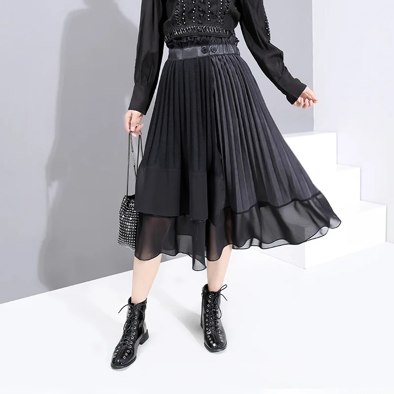 Плиссированные юбки для женщин; сезон осень-зима; модная длинная юбка с высокой талией и сетчатыми оборками; женская элегантная свободная повседневная юбка с большим подолом