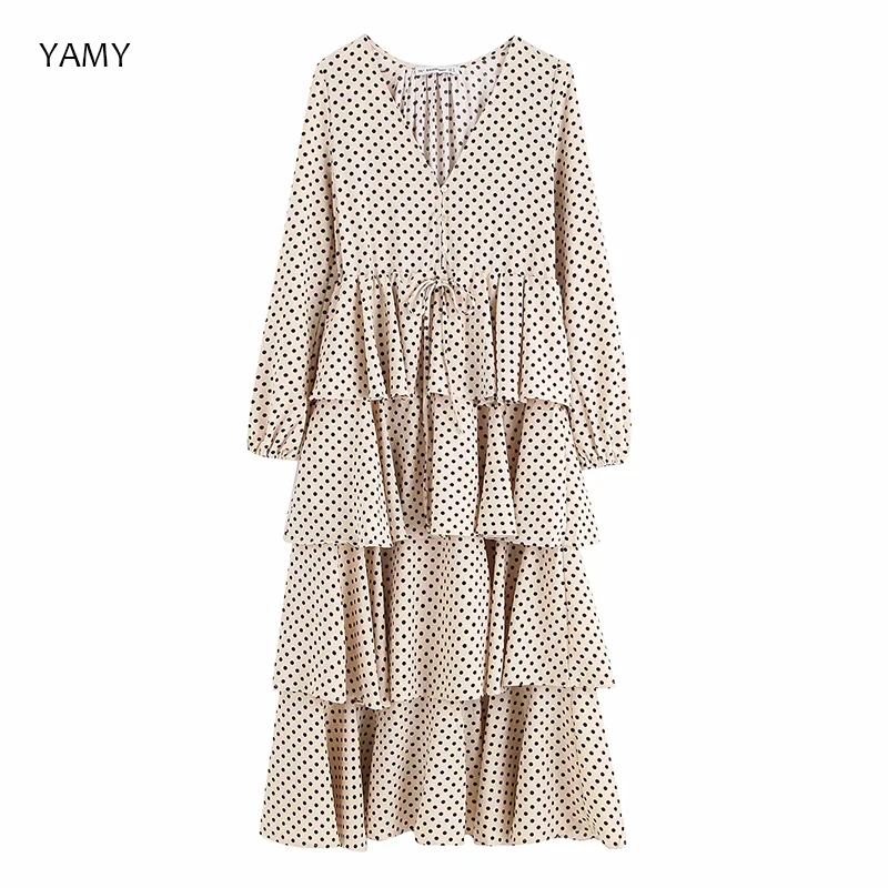

Polka dot print Zora cascading ruffles Womens Dress long sleeve V neck high waist loose maxi Dress casual za dress Vestidos 2019