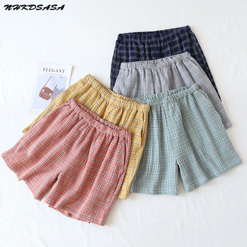 

Women's Summer 100% Cotton Crepe Yarn Men's Household Thin Section Sleep Bottoms Lattice Shorts Plaid Nightly Trousers Sleepwear