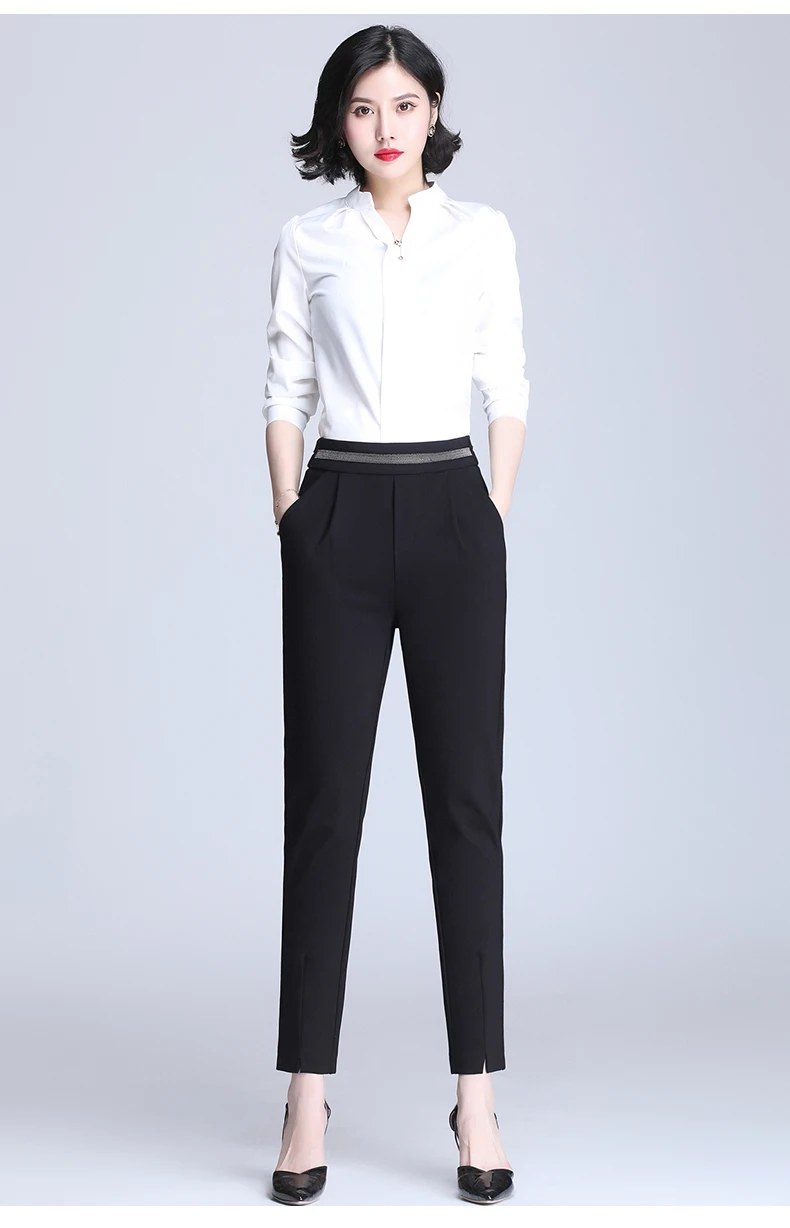 Black Stretch Pencil Pants for Women Fashion Office Work Elegant Trousers New Casual Loose Thin Korean Pocket Ankle-Length Pants