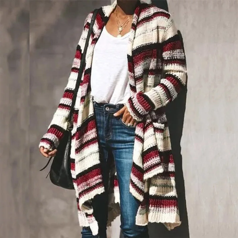 Осенний вязаный лоскутный женский кардиган Топы с длинным рукавом в полоску с карманами женские свитера модный теплый длинный женский свитер