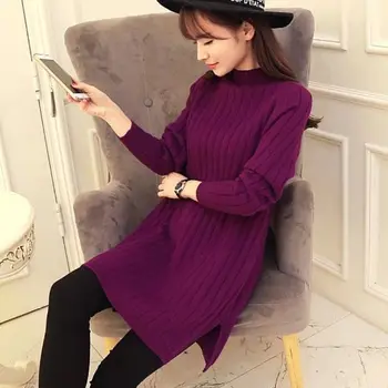 

Women Sweater Knitted Long Sweater Pullover Sweater Solid Color Base Knit Split Knit Dress