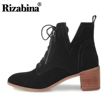 

RIZABINA Real Leather Women Ankle Boots Lace Up Thick Heels Shoes Simple Solid Color Daily Boots Women Footwear Size 32-43