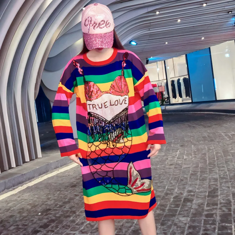 

European and American mermaid sequin sweater skirt female 2019 autumn new long rainbow color striped knit dress