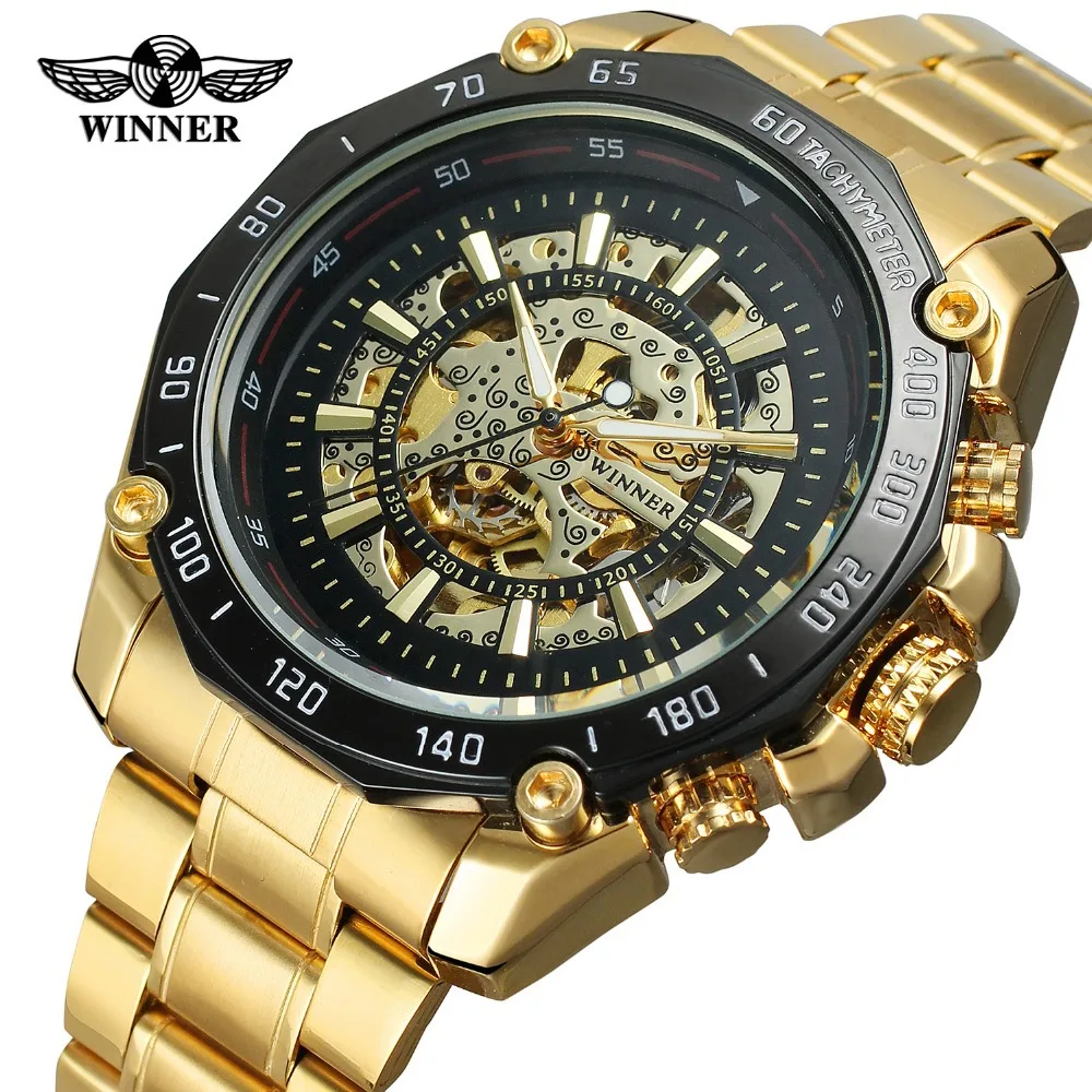 

Winner Europe And America Style Men Fashion Casual Hollow out Gold Watch Large Dial Fully Automatic Mechanical Wrist Watch