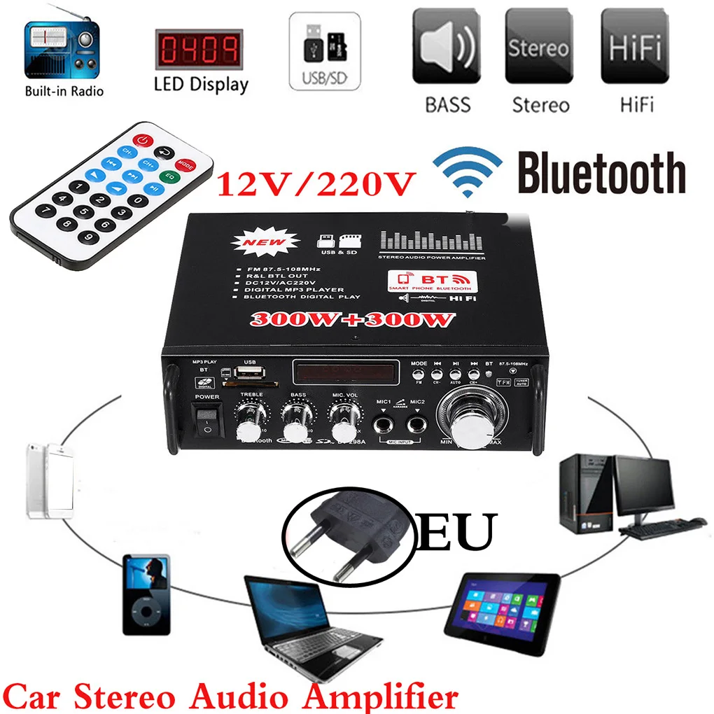 Автомобильный Bluetooth стерео аудио усилитель для дома HiFi Музыка SD USB FM AMP 12 в 600 Вт пульт дистанционного управления музыкальный плеер ЕС вилка