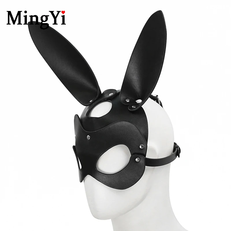 Черная кожаная Маскарадная маска женщина-кошка, БДСМ, фетиш, сексуальная эротическая маска кролика с длинными ушами, женские маскарадные Вечерние Маски для Хэллоуина
