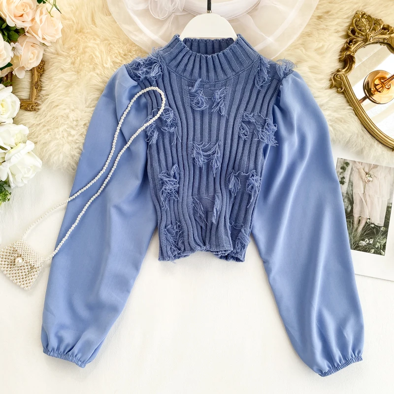 Neploe Autumn Fashion Slim Pull Jumpers Short Turtleneck Vintage Pullover Knitwear Lantern Sleeve Patchwork Knitted Tops 55529