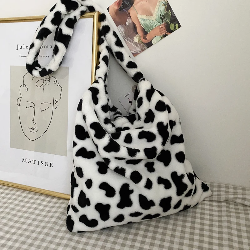 fluffy cow print shoulder bag