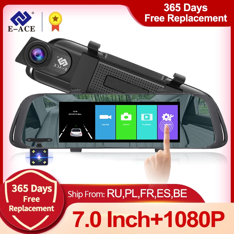 E ACE A31 Car DVR 7Inch Touch Rear View Mirror 1080P Video Recorder Dual Lens Registrator Support Rear View Camera Mirror Camera