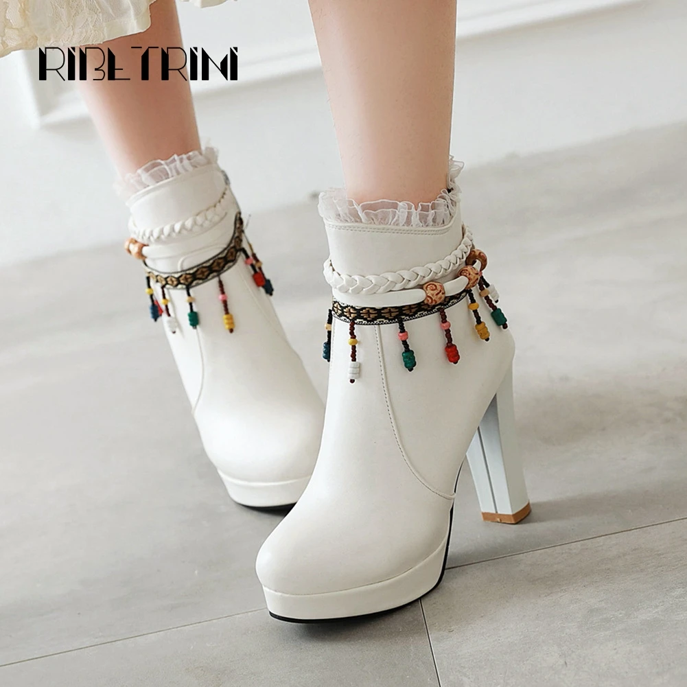 

RIBETRINI Ankle Boots 2019 For Women High Heels Boots Bohemia Bead Round Toe Platform Boots Winter Fur Shoes Woman Big Size 44
