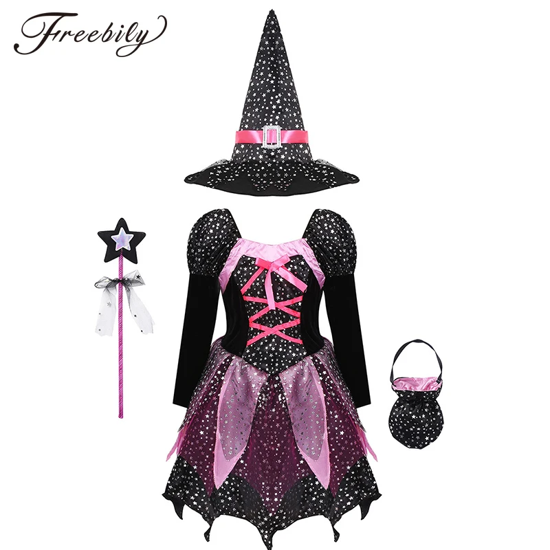 

Kids Girls Witch Fancy Cosplay Costumes Silver Stars Dress with Pointed Hat Wand Candy Bag Set Witches Carnival Halloween Outfit