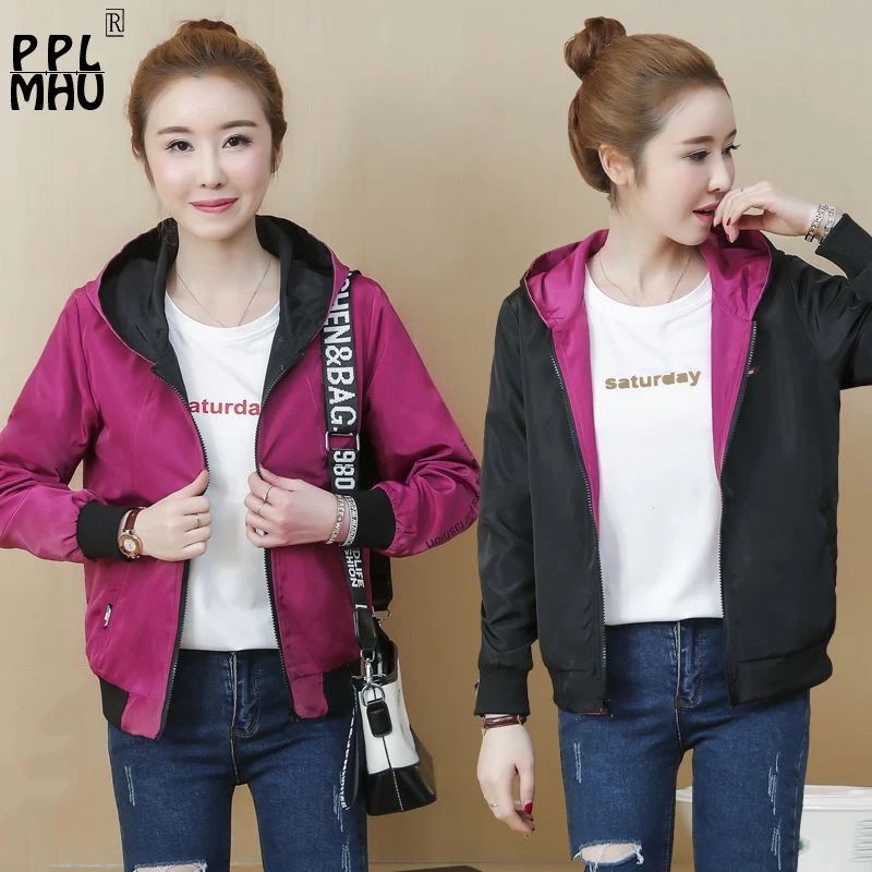 

Autumn Jacket Women Hooded Zipper Basic Windbreaker Jacket Two Side Wear Outerwear Female Two Tone Plus Size 4XL Casaco Feminino