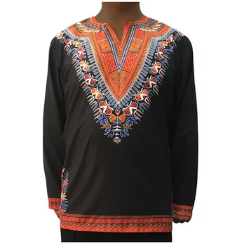 

African Men Dashiki Print Split V-Neck Shirt Long Sleeved Traditioanl Ethnic Casual Collarless Cotton Tee Tops For Men 3XL