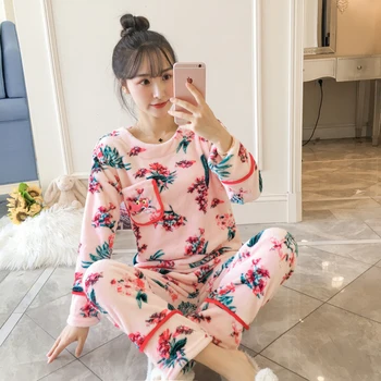 

Pajamas set women winter flannel long-sleeved thickening plus velvet coral fleece cute autumn and winter home suit women