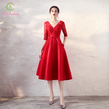 

SSYFashion New Red Cocktail Dress Women Banquet Elegant V-neck Half Sleeve Lace Satin Party Short Formal Dresses Robe De Soiree