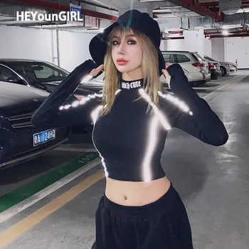

HEYounGIRL Reflective Ribbon Harajuku Ladies T Shirt Long Sleeve Basic Cotton Tshirt Women Hip Hop Black Tee Shirt Femme Autumn