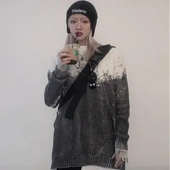 

Autumn and winter Korean of Harajuku style street gradient loose long sleeve o neck knitted sweater