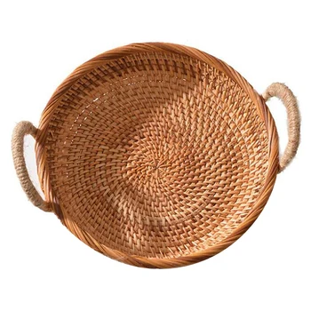 

Rattan Round Bread Basket Vintage Style Woven with Handle Tray Platter Coffee or Dining Table Handle Woven Snacks Basket