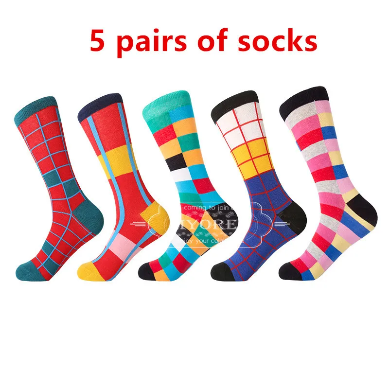 5 pairs of socks MYORED, Прямая поставка, 5 пар/лот, новинка, распродажа, Осень-зима, мужские носки из чесаного хлопка, забавные носки, Calcetines de hombre cuadrados - Цвет: 5 pairs of socks